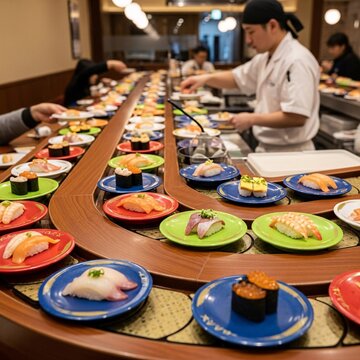 Sushi chef preparing fresh sushi platters at restaurant counter for celebration