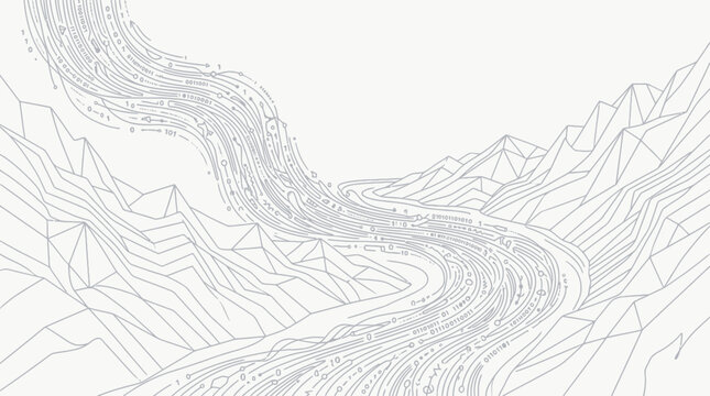 Abstract digital landscape with binary code data flow stream line art