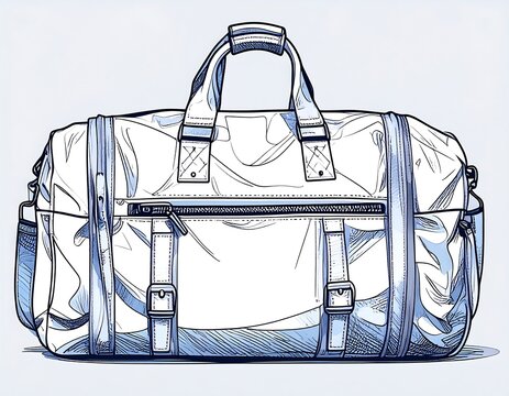 Illustration of a white travel bag with blue highlights. Features zipper closures, straps, handles, and a streamlined, modern aesthetic