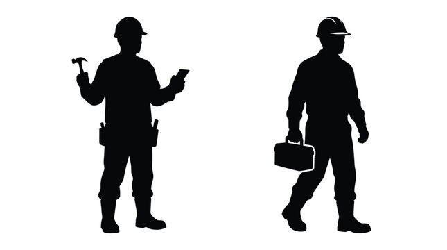 Construction worker silhouettes with tools against a white background