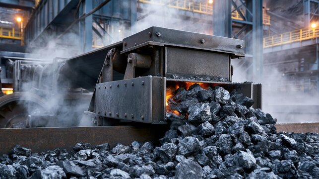 Industrial coal crusher machine processing black fuel in a smoky facility