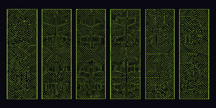 Geometric line pattern collection on black background vibrant neon green