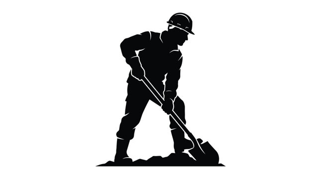 Worker digging with shovel black silhouette on white background