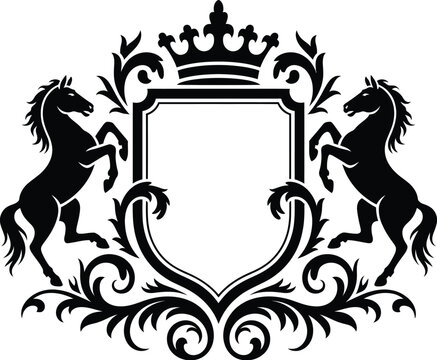 Royal Heraldic Shield with Crown and Rearing Horses Ornate Vector Crest Featuring Elegant Coat of Arms, Decorative Heraldry Emblem, Noble Insignia and Traditional Monarchy Symbol