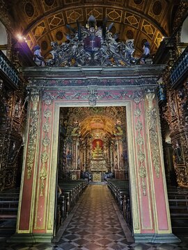 Ornate baroque church interior with gilded rood screen (lettner), Mosteiro de S&atilde;o Bento, Rio de Janeiro, Brazil
