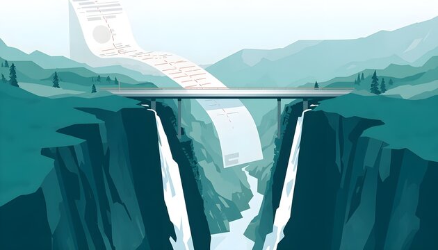 Long paper document draping over a mountain bridge, surreal vector art.