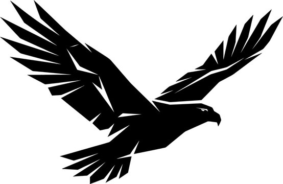 Eagle silhouette vector illustration, soaring hawk bird of prey icon, majestic black falcon flying with spread wings, predatory raptor mascot