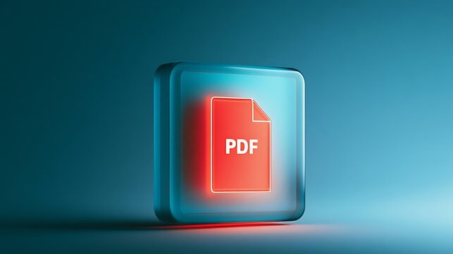 Neon glowing PDF document icon on a soft blue background