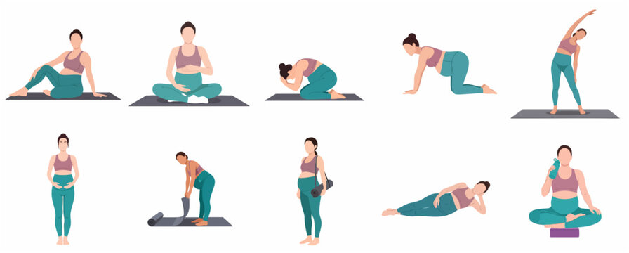 Prenatal Yoga and Fitness Exercise Set with Pregnant Woman in Flat Vector Style