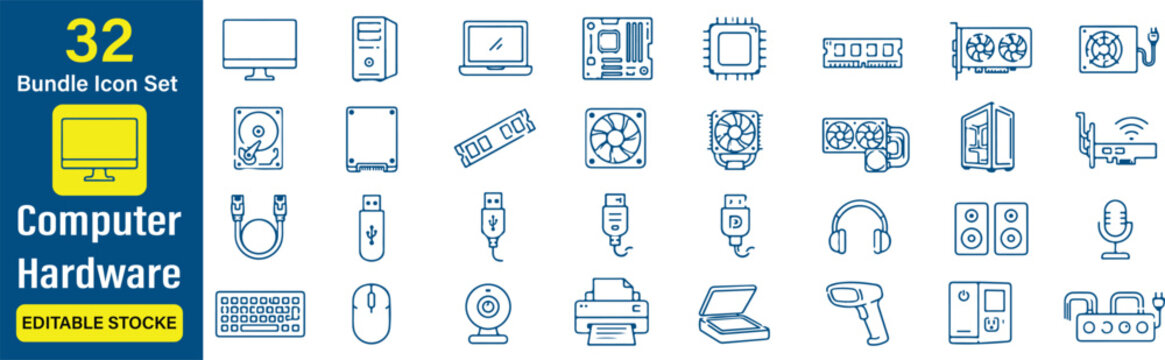 Computer Hardware Vector Outline Icons Set &ndash; PC Components, Computer Devices, Accessories, Electronics, Technology and Digital Equipment Line Symbols Collection