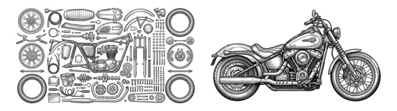 Vintage motorcycle engineering illustration with disassembled frame engine wheel tank seat parts and complete assembled chopper