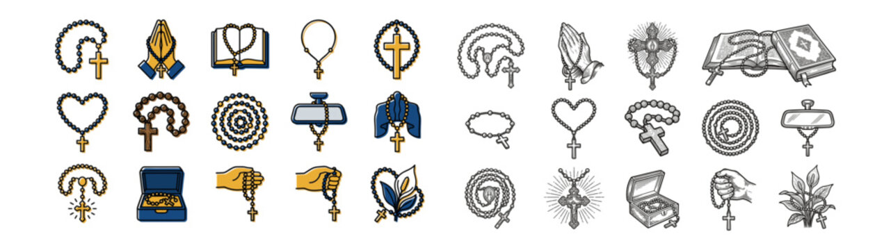 Catholic rosary prayer bead icon set with cross hands bible heart mirror box and lily