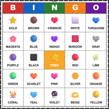 Bingo colors vocabulary game. Printable 5x5 grid card with color name words and 3D icons. Classroom activity for students and teachers