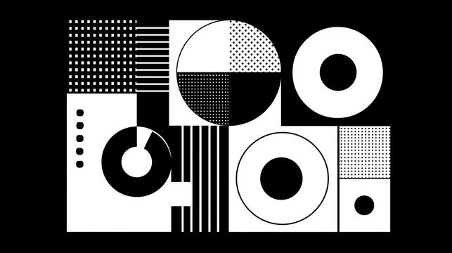 Abstract geometric composition with shapes and patterns on black background