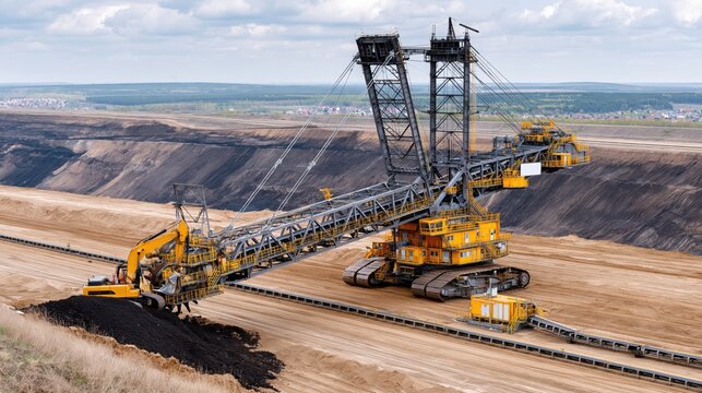 Massive bucket-wheel excavator extracting coal in a vast open-pit mine
