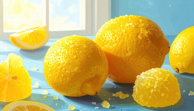 Close-up view of bright yellow lemons with bumpy texture and scattered citrus candies