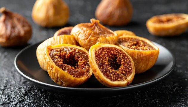 Close-up view of dried fig halves and whole figs presented on a dark ceramic plate, showcasing their sweet texture and natural goodness.