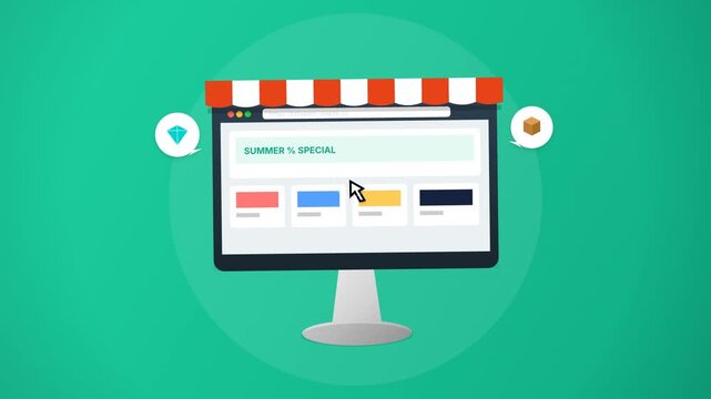 Modern ecommerce website animation featuring summer sale promotion, product showcase, online shopping interface and digital marketing elements. Ideal for retail advertising, ecommerce campaigns, web.