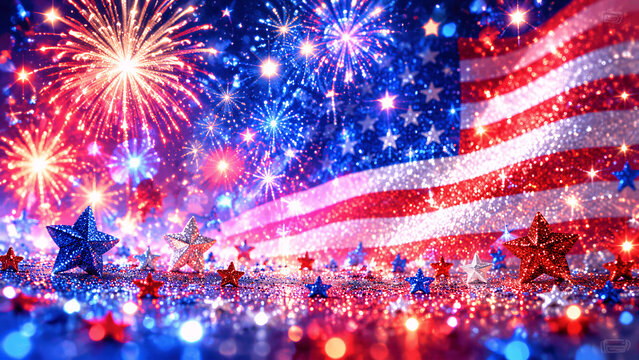American flag with fireworks and star decorations on glitter surface