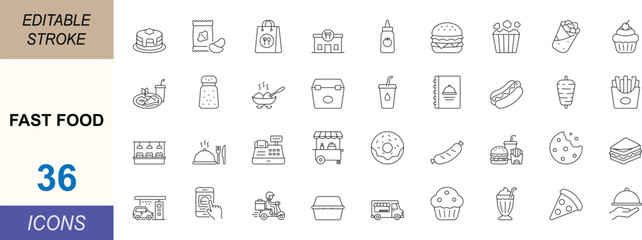 Fast food line icon set. Featuring burger, pizza, delivery and takeaway concepts. Clean vector set for restaurants, menus, apps and web design. Editable stroke. © Md