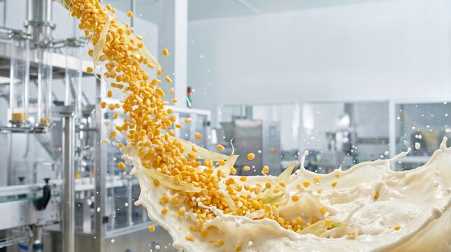 Splash of corn milk with yellow kernels on blurred food processing factory background.
