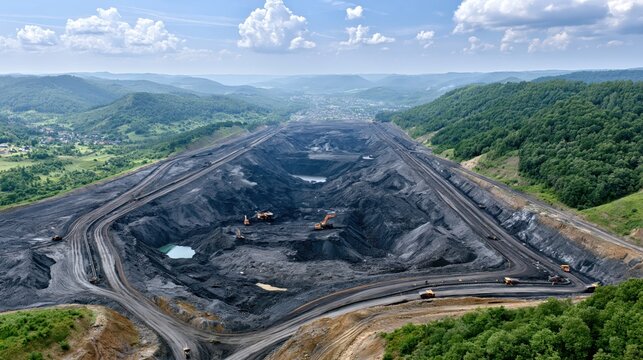 Expansive aerial view of a vast surface coal mine operation in a hilly landscape