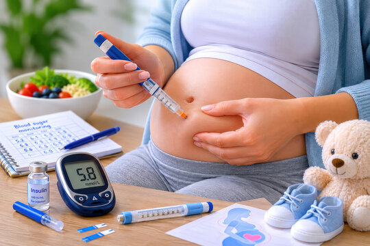 Pregnant Woman Monitoring Blood Sugar and Insulin Injection for Gestational Diabetes Management