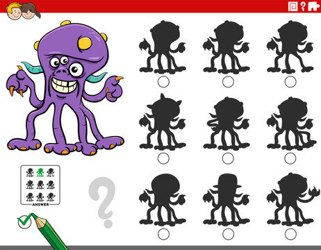 shadow puzzle activity with funny cartoon monster character