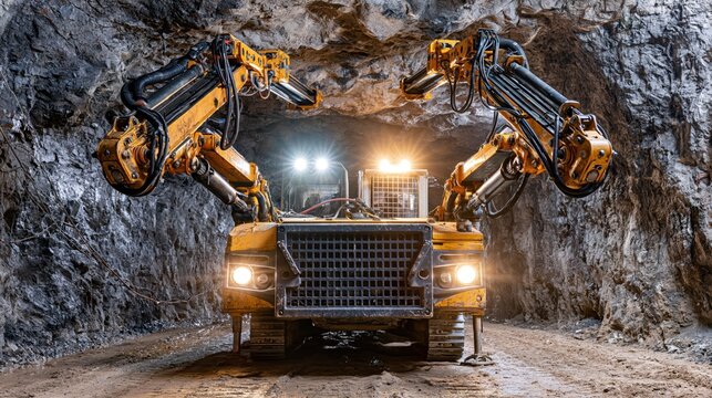 Heavy-duty mining machine with robotic arms operates in a dark coal mine tunnel