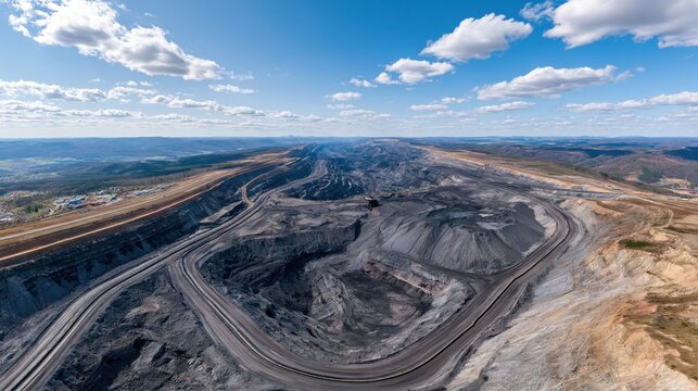 Expansive aerial view of a vast surface coal mine with haul roads and excavated earth
