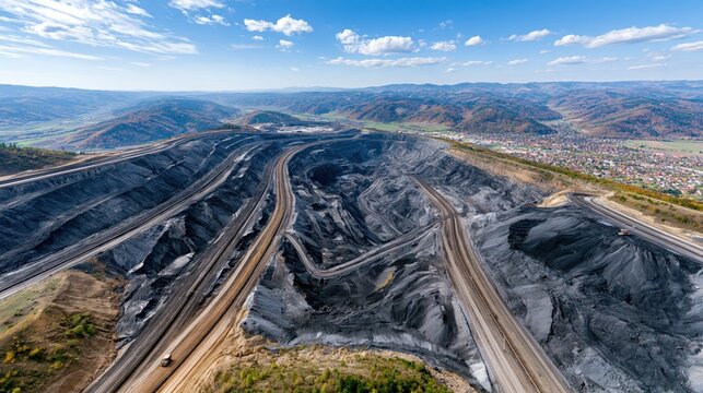 Expansive aerial view of a vast surface coal mine with haul roads and surrounding landscape