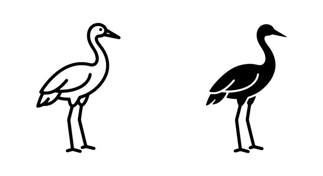 Elegant Crane Icons, Outline and Silhouette, Bird Graphics