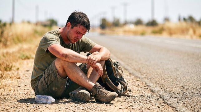 Tired and exhausted male backpacker sweating and resting on the roadside of a hot rural road.