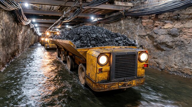 Underground mining train transports freshly extracted coal through a flooded tunnel