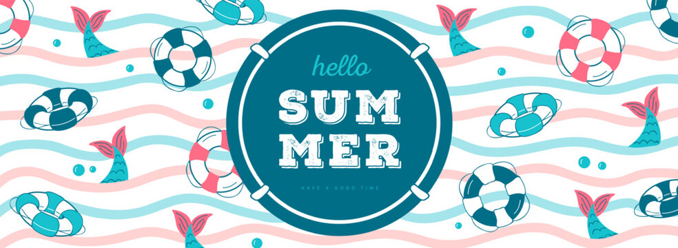 Hello summer  striped poster or bunner with inflatable swim rings, mermaids  and bubbles. Summer vacation background. Flat design. Vector illustration