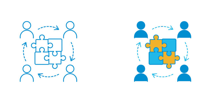Centralized team collaboration icon set, puzzle piece connection vector for synergy unified business strategy teamwork and partnership concept