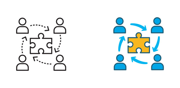 Centralized team collaboration icon set, puzzle piece synergy vector illustration for business strategy teamwork integration and organizational unity concept