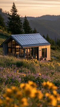 Medium shot of a compact offgrid tiny house featuring bifacial solar roof tiles glowing softly in golden hour light framed by alpine meadow wildflowers and blurred distant pine