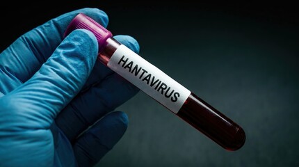 Obraz premium Medical holds blood sample tube labeled Hantavirus for laboratory testing