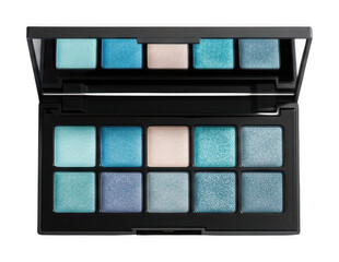 Fototapeta premium Vibrant open makeup eyeshadow palette displaying shimmering blue, aqua, and nude isolated transparent background image