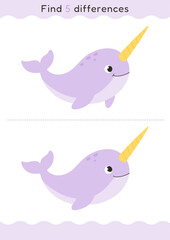Cute narwhal find differences game for kids. Cartoon ocean animal with two similar images and five hidden changes. Educational worksheet for learning © Stacy Draw