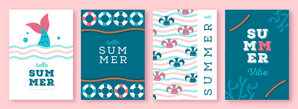 Set of summer striped sea vacation posters or covers with inflatable swim rings. Summer vibe backgrounds. Vector illustration