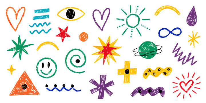 Hand drawn doodles with crayon texture in a colorful array of shapes and symbols