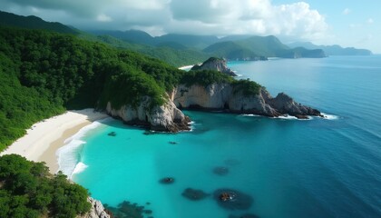 Obraz premium Green mountains meet dramatic cliffs, white sand beach along bright blue ocean. Turquoise clear water shallow reefs, rocky outcrops beneath surface. Scenic tropical coastline offers serene, remote