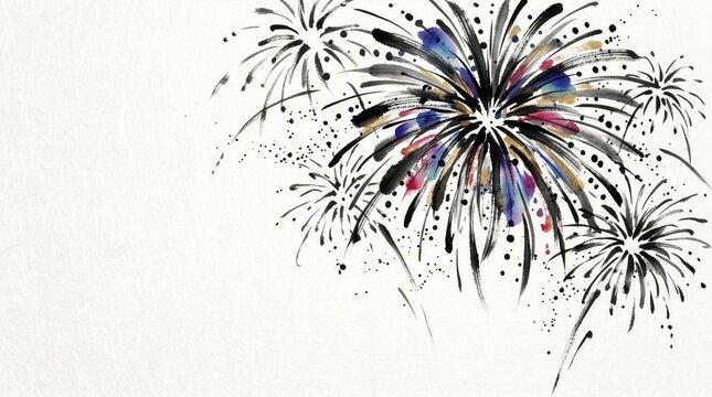Sumi-e illustration of colorful fireworks exploding on a white background