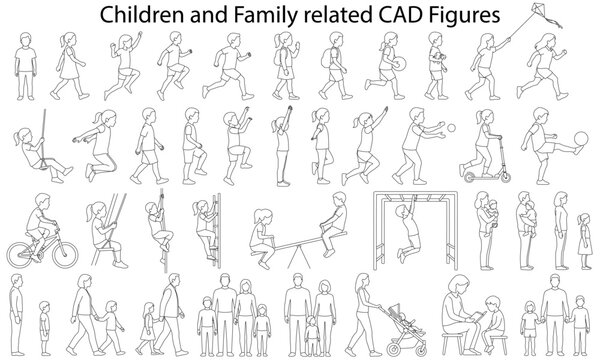 Children and Family Vector line art CAD Style Illustration Collection Featuring Kids Playing Parents Walking Playground Activities and School Age Figures Side View Set