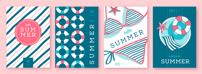 Set of summer striped sea vacation posters or covers with inflatable swim rings. Summer vibe backgrounds. Vector illustration © annbozhko
