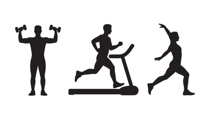 Obraz premium Silhouette of people exercising with dumbbells and on a treadmill for fitness concepts