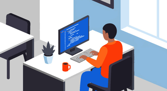 Developer coding on laptop in modern office workspace.