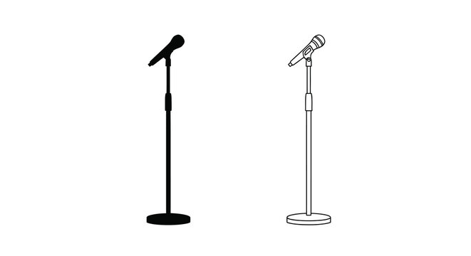 Microphone stand with microphone black and white line silhouette